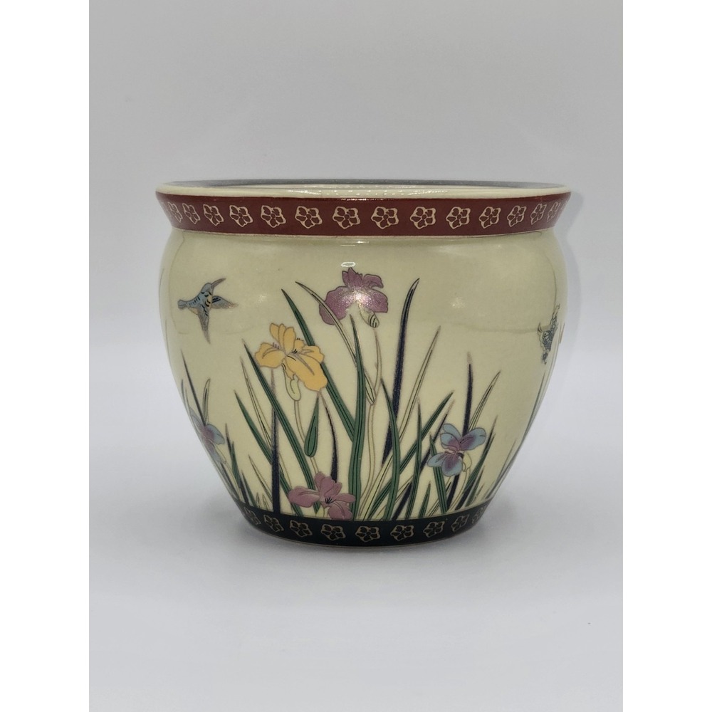 Vintage Asian Floral Ceramic Planter Bowl Birds Flowers 4.25"
